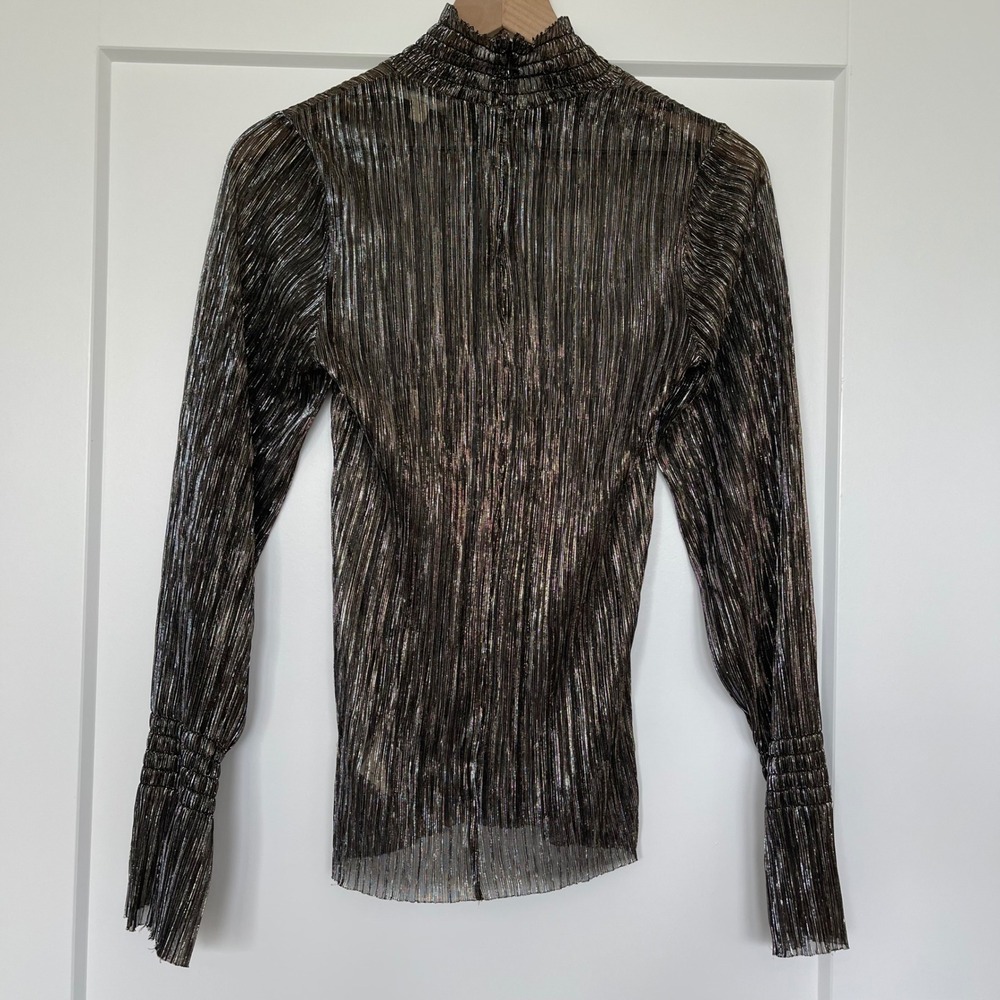 L'AGENCE Paola Blouse XS Gold Black Metallic Sheer Pleated Mock Neck Sexy Chic - Picture 14 of 16